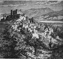 Engraving of Celano in Italy