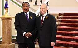 Congo's President Denis Sassou Nguesso with Russian President Vladimir Putin in Moscow, Russia, on 9 May 2025