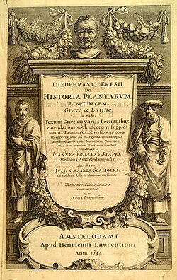 Frontispiece to a 1644 version of Theophrastus's Historia Plantarum, originally written c. 300 BC