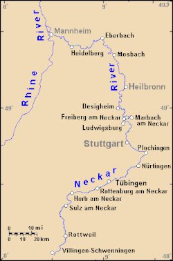 The Neckar in southwest Germany flows from south to north, and joins the Rhine at Mannheim.
