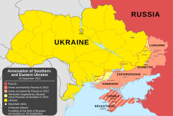 As of January 2023, Russian President Vladimir Putin cited recognition of Russia's sovereignty over the annexed territories (pictured) as a condition for peace talks with Ukraine.[74]