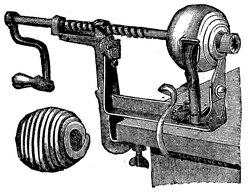 Machine for paring, coring, and slicing apples, from Henry B. Scammell's 1897 handbook Cyclopedia of Valuable Receipts