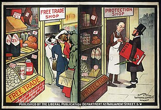 Pro-free trade poster from the British Liberal Party; the "free trade shop" is depicted as having more customers and lower prices, while the "protection shop" has higher prices, a smaller and lower-quality selection of goods, and no customers