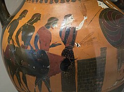 A bull is led to the altar of Athena, whose image is at right. Vase, c. 545 BCE.