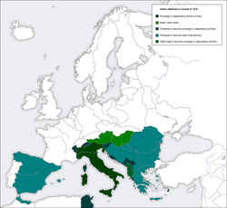 Ambitions of Fascist Italy in Europe in 1936.Legend: Metropolitan Italy and dependent territories; Claimed territories to be annexed; Territories to be transformed into client states. Albania, which was a client state, was considered a territory to be annexed.