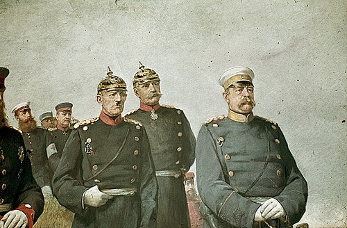 Prussian (and later German) Chancellor Otto von Bismarck, right, with General Helmuth von Moltke the Elder, left, and General Albrecht von Roon, centre. Although Bismarck was a civilian politician and not a military officer, he wore a military uniform as part of the Prussian militarist culture of the time. From a painting by Carl Steffeck.