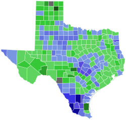 Results of the Democratic runoff primary in the 1948 U.S. Senate election in Texas by county. Johnson squeaked out a controversial victory by 87 votes.[53] Johnson counties appear in blue, and Stevenson counties in green.[54] Johnson Johnson—>90% Johnson—80–90% Johnson—70–80% Johnson—60–70% Johnson—50–60% Stevenson Stevenson—50–60% Stevenson—60–70% Stevenson—70–80% Stevenson—80–90% Stevenson—>90% No vote No vote