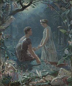 A watercolor, by John Simmons, depicting Hermia and Lysander, from A Midsummer Night's Dream (1870)