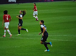 Alex Morgan (no. 13) and Abby Wambach (no. 14); Morgan and Wambach combined for 55 goals in 2012 – matching a 21-year-old record set in 1991 by Michelle Akers (39 goals) and Carin Jennings (16 goals) as the most goals scored by any duo in U.S. women's team history.