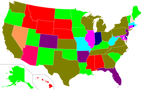Visualization of the number of characters in license plate serial formats in the United States, based on current serial formats for passenger plates as of May 2021. The arrangement of the characters may vary. Random coding: Plates issued based on available numbers in non-sequential order. Coded issuance: Plates coded by month of expiration Coded issuance: Plates coded by county of issuance Sequential issuance: 6-character plate (1 letter, 5 digits) Sequential issuance: 6-character plate (2 letters, 4 digits) Sequential issuance: 6-character plate (3 letters, 3 digits) Sequential issuance: 6-character plate (4 letters, 2 digits) Sequential issuance: 6-character plate (based on blocks of alphanumeric combinations) Sequential issuance: 7-character plate (7 digits) Sequential issuance: 7-character plate (2 letters, 5 digits) Sequential issuance: 7-character plate (3 letters, 4 digits) Notes: Only the current passenger standard-issue serial format is depicted. Previous serial formats and optional issues are not depicted.Florida uses six-character serial numbers, but the combinations vary. The most common issue consists of four letters and two digits, but alternate standard issues contain four digits and two letters.Nebraska uses sequential-issuance three-letter, three-number plates for its most populous counties and county-coded plates for the rest of the counties consisting of 1 or 2 letters and up to 5 numbers.Nevada issues three letter and three number plates for vehicles sold through dealers that require a new plate.Tennessee issues three number and four letter plates for the "In God We Trust" plate.Indiana plates are randomly issued with combinations of 3 numbers and either 1, 2, or 3 letters, while all "In God We Trust" plates have 3 letters and 3 numbers.