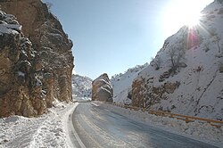 Site of the Persian Gate in modern-day Iran; the road was built in the 1990s.