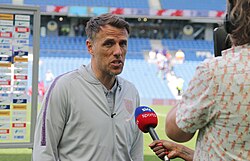 Phil Neville as England manager in a post match interview following a friendly against New Zealand in 2019.