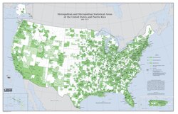 An enlargeable map of the 935 core-based statistical areas (CBSAs) of the United States and Puerto Rico as of 2023; the 393 MSAs are shown in green.[6]