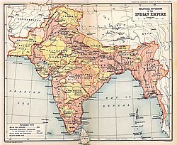 Political subdivisions of the Indian Empire in 1909 with British India (pink) and the princely states (yellow)
