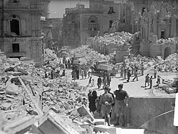 The heavily bomb-damaged Kingsway (now Republic Street) in Valletta during the siege of Malta, 1942