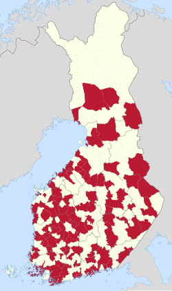 City or town municipalities (red-colored) with other non-town municipalities in Finland (2020)