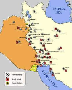 A map indicating the attacks on civilian areas of Iran, Iraq, and Kuwait that were targeted during the war of the cities