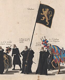 Brabant Lion held by Floris de Merode during the funeral of Albert VII, Archduke of Austria, print after design by Jacob Franquart