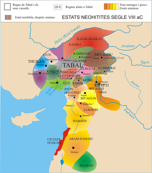 Various Luwian and Aramean (orange shades) states in the 8th century BCE