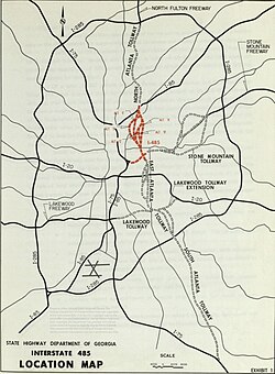 1972 planning map of proposed locations of the Interstate 485 highway as well as the proposed East Atlanta, Lakewood, North Atlanta, South Atlanta and Stone Mountain Tollways
