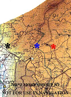 Borders between Israel, Syria and Lebanon in Mount Hermon region. The Blue Line between Israel and Lebanon—marked by black asterisk. Disengagement Israeli front line with Syria (1974)—marked by blue asterisk. Disengagement Syrian front line with Israel (1974)—marked by red asterisk.