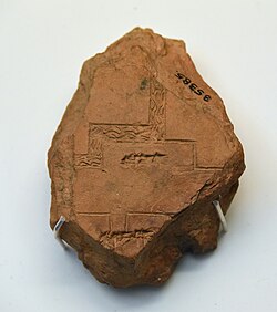 Plan, topographic representation of Babylon. The clay tablet depicts "Tu-ba", a suburb of the ancient city of Babylon. The River Euphrates is represented by the water-lined band. 660–500 BCE. British Museum