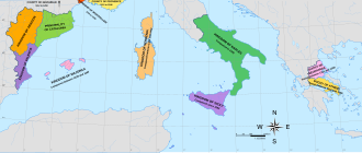 Diachronic map of the Crown of Aragon. The Principality of Catalonia appears in light green.