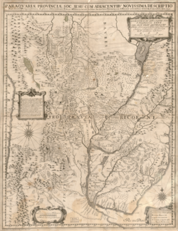 Map showing Jesuit province of Paraguay and neighboring areas, with the main missions and missionary journeys. The Chiquitos missions are depicted in woodlands between the rivers San Miguel in the west and Paraguay to the east. A path leads from Santa Cruz de la Sierra to San Xavier.