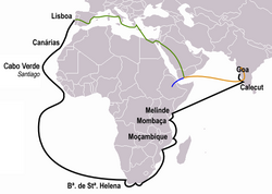 The route taken by Vasco da Gama to reach Kerala (indicated in black)