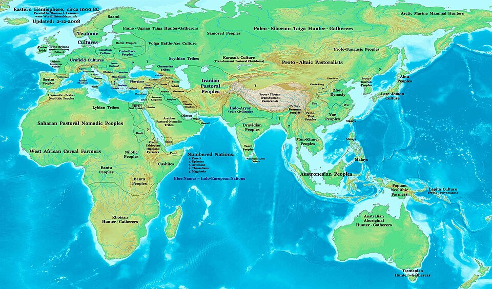 Map of the Eastern Hemisphere in 1000 BC, just after the end of the 2nd millennium BC.