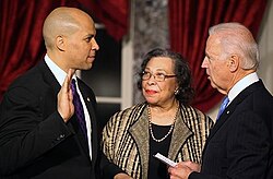 Booker's swearing in as senator, with his mother and Vice President Joe Biden, 2013