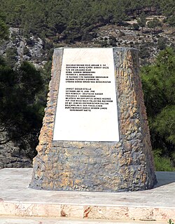 The Frederick Barbarossa Memorial, near Silifke in Mersin Province, southern Turkey. The text explains in Turkish and German how Frederick drowned nearby.