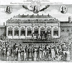 A contemporaneous German print showing the execution of Charles I on 30 January 1649 outside the Banqueting House, which is inaccurately depicted