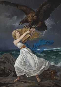 Edvard Isto, The Attack, 1899. The Russian eagle is attacking the Finnish Maiden, trying to steal her book of laws