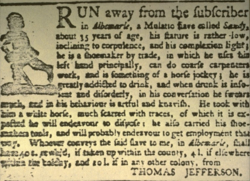 Advertisement in the Virginia Gazette placed by Thomas Jefferson offering a reward for his escaped slave named Sandy who was defined as "mulatto".[114]