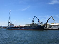 A cargo ship at the Port of Poole in May 2019.