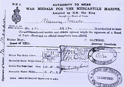 Authority to wear the British War Medal (and ribbon) and the Mercantile Marine Medal (and clasp, ribbon) issued to Minnie Mason for her work on English Channel ferries throughout World War I