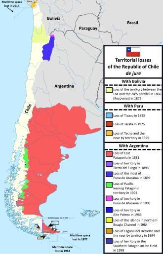 Territorial losses of the Republic of Chile de jure (by law) according to Chilean historiography[89]