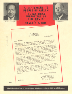 A statement issued by Du Bois endorsing Communist New York City Councilman Benjamin J. Davis Jr. for re-election, July 29, 1949