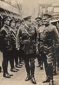 Major General John J. Pershing, the newly appointed Commander-in-Chief (C-in-C) of the American Expeditionary Forces (AEF), pictured here together with Major General Tom Bridges of the British Army, inspecting a Guard of Honor on Pershing's arrival at Liverpool, June 1917