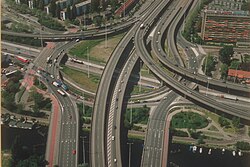 Complex roundabout interchange Kleinpolderplein in Rotterdam, the Netherlands. NL-ZH 51°55′53″N 4°26′19″E﻿ / ﻿51.931498°N 4.438479°E
