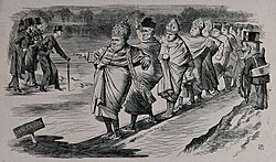 Satirical cartoon by John Tenniel and Joseph Swain, showing the Pope leading a line of Catholic clerics along a plank placed on thin ice. A group of Anglo-Catholics at left are also considering venturing onto the dangerous ice.