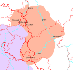 Extent (orange) of pitch usage in Benelux, Germany and France at the beginning of the 20th century[51]