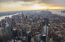 Manhattan, the core area of New York City, an Alpha++ global city, where there are several characteristic elements of global cities[15] like worldwide influential economic (New York Stock Exchange) and cultural (Broadway) centers, headquarters of international political organizations (UN headquarters), world renowned museums (the Met Museum, MOMA, Guggenheim Museum), and worldwide-known landmarks (Times Square, Empire State Building, Central Park)