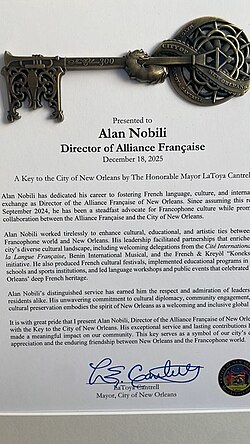 Alan Nobili, Executive Director of the Alliance Française de la Nouvelle-Orléans, was awarded the Key to the City of New Orleans