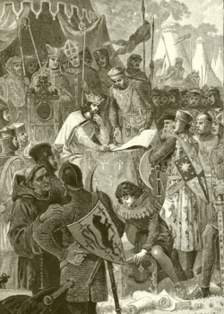 King John signs Magna Carta at Runnymede in 1215, surrounded by his baronage. Illustration from Cassell's History of England, 1902.