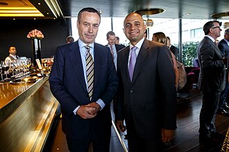 Lionel Barber and Javid, 2015 Financial Times Summer Party, Mondrian Hotel, London