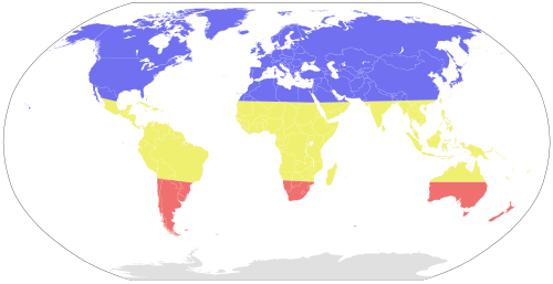Seasonal risk areas for influenza: November–April (blue), April–November (red), and year-round (yellow)