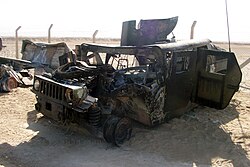 Humvee struck by an improvised explosive device attack in Iraq on 29 September 2004. Staff Sgt. Michael F. Barrett, a military policeman in Marine Wing Support Squadron 373, was severely injured in the attack