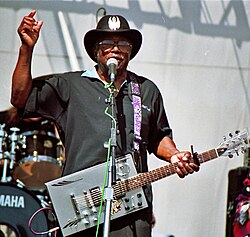 Bo Diddley at the Long Beach Jazz Festival, 1997 with drummer Dave Johnson
